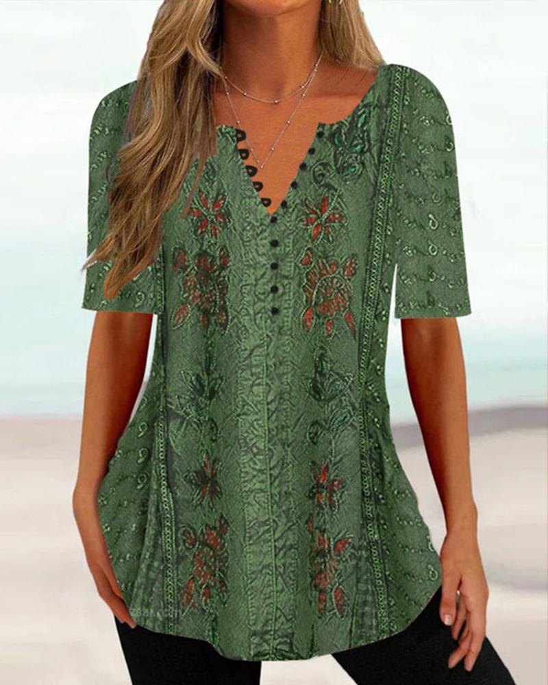 

Vintage Floral Print Button Front Short Sleeve Top, Green