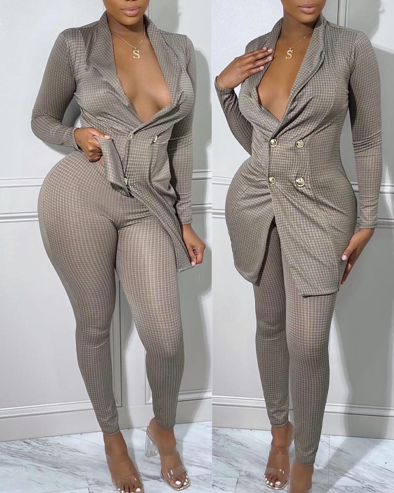 

Plaid Print Long Sleeve Top & Pants Set, Gray
