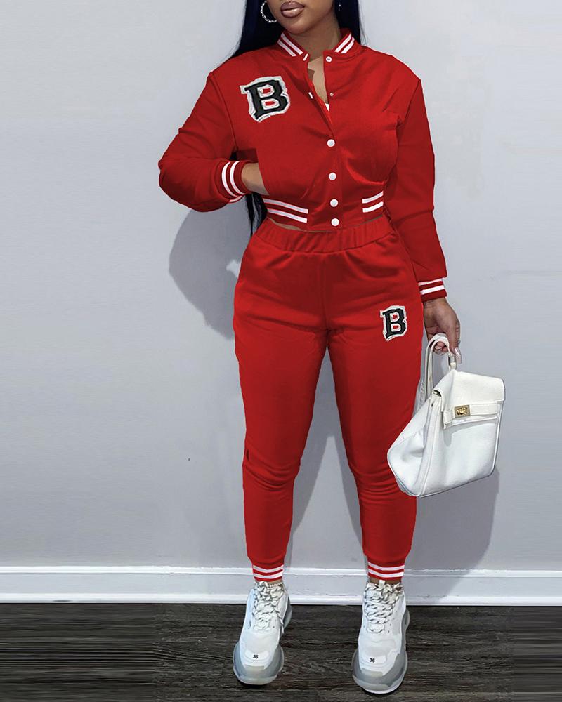 

Letter Pattern Striped Baseball Jacket & High Waist Pants Set, Red