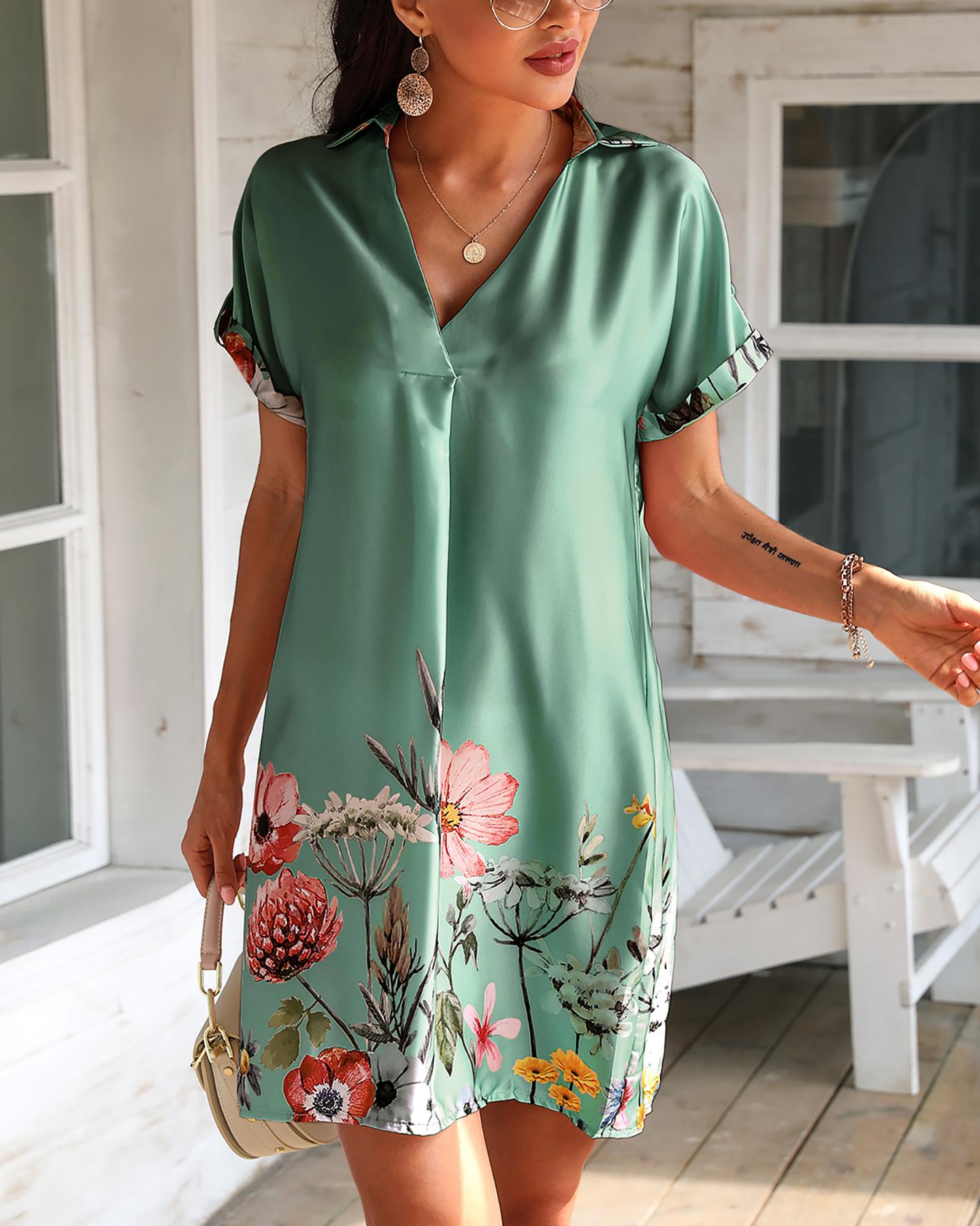 

Floral Print Short Sleeve Satin Dress, Green