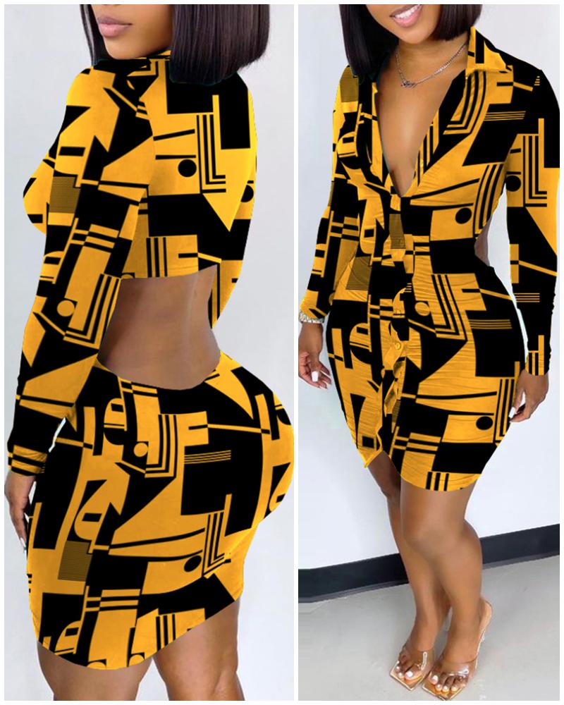 

Abstract Print Cutout Waist Shirt Dress, Yellow