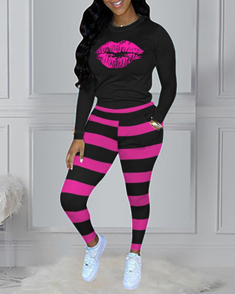 

Lip Print Long Sleeve Top & Striped Pants Set, Black