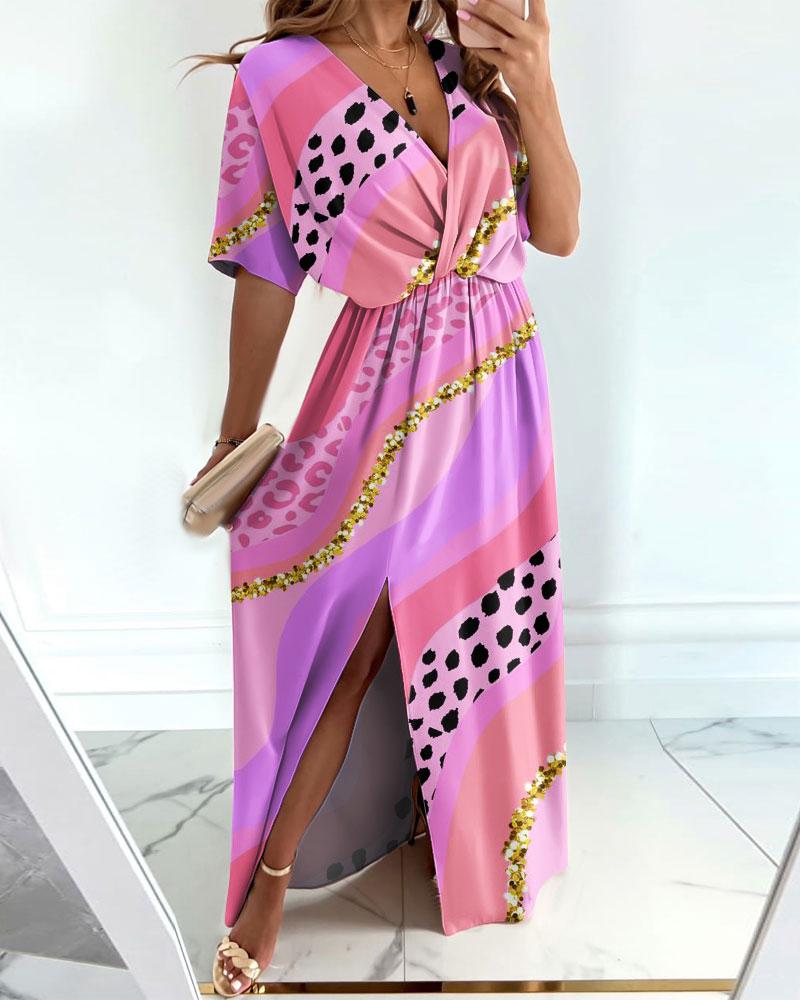 

Leopard Print V-Neck Split Thigh Wrap Maxi Dress, Pink