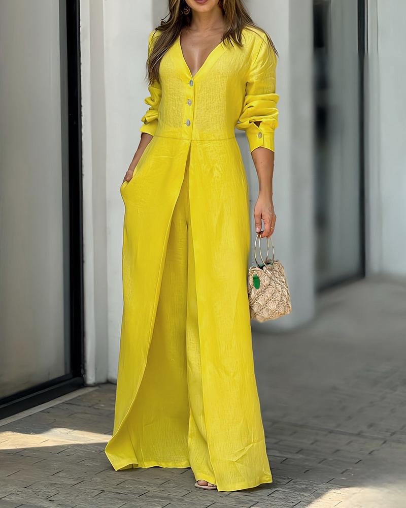 

Macacão com design de bolso abotoado com decote em V profundo, Yellow