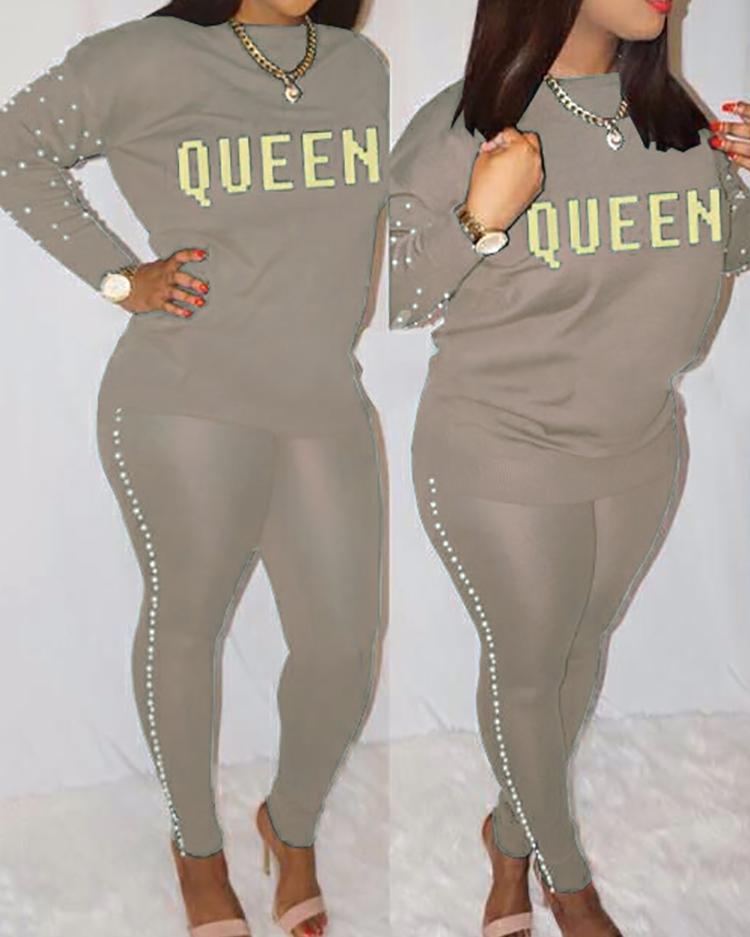 

Letter Print Beaded Top & Skinny Pants Set, Gray
