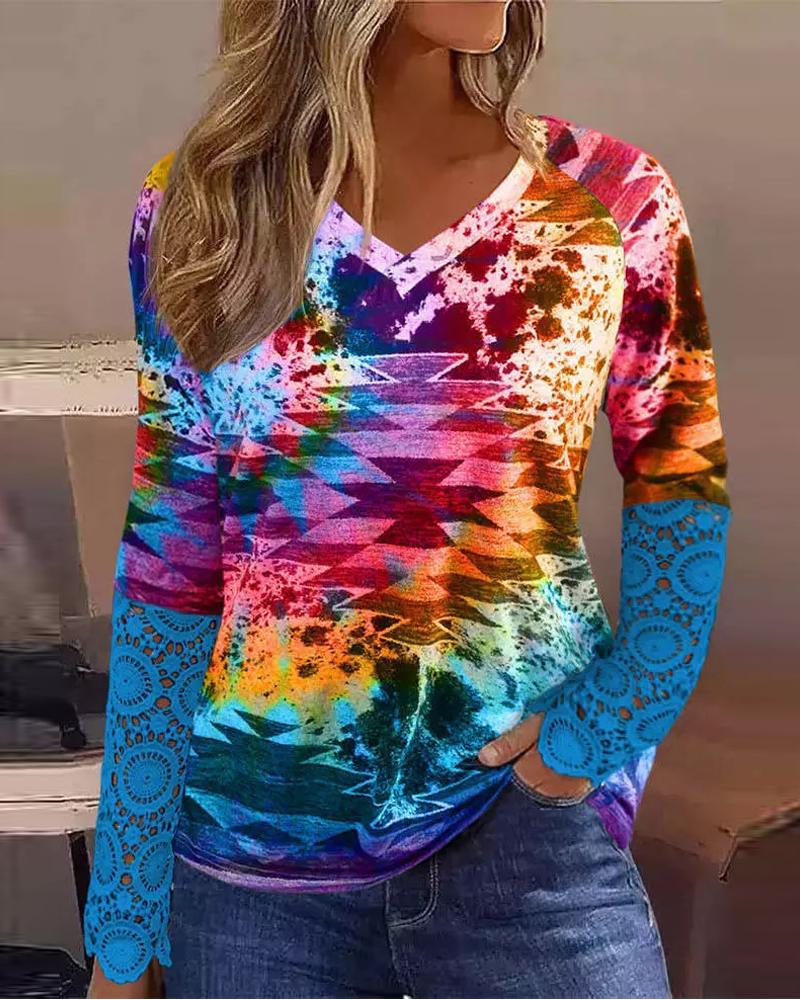 

Aztec Geometric Tie Dye Print Contrast Lace Long Sleeve Top, Multicolor