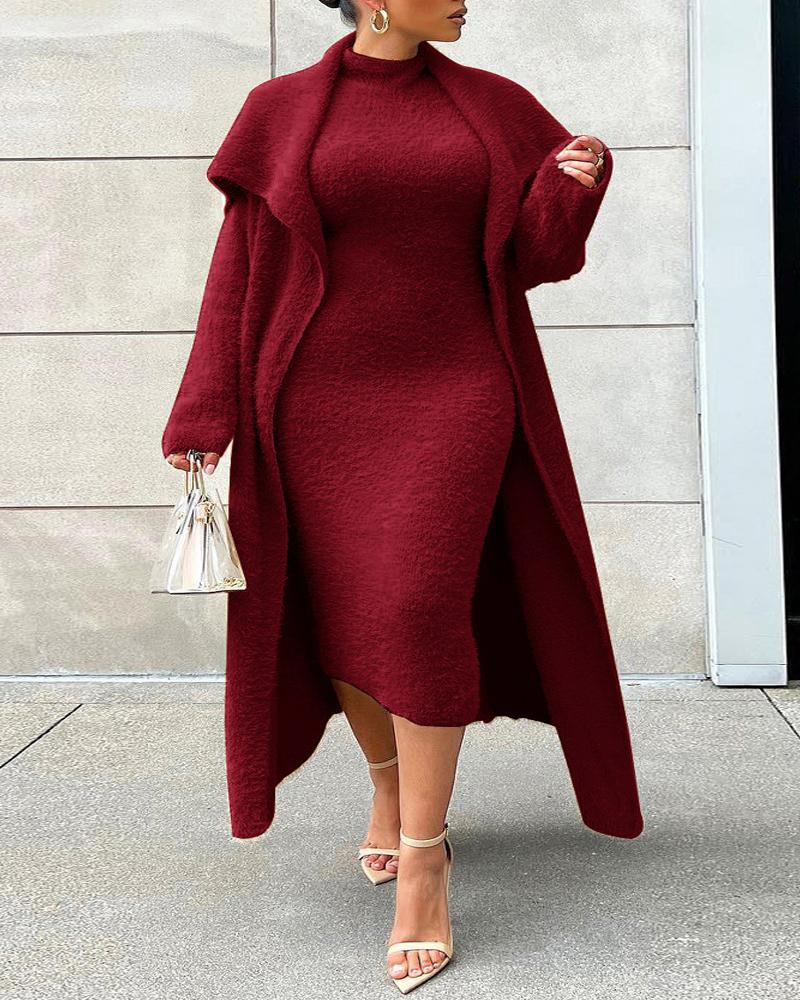 

Plus Size Fluffy Midi Dress With Longline Coat, Wine red