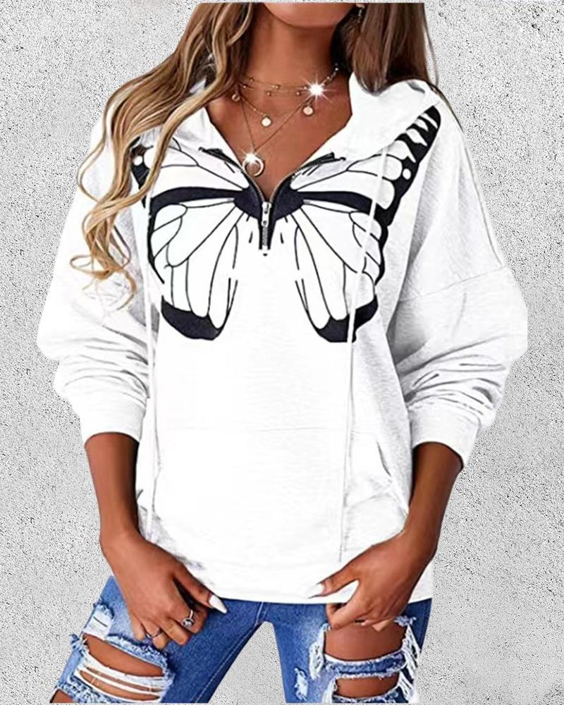 

Butterfly Print Zip Front Drawstring Hoodie, White