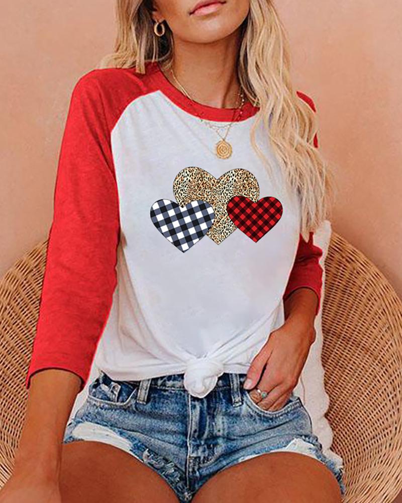

Heart Plaid Cheetah Print Colorblock Women Top, Red