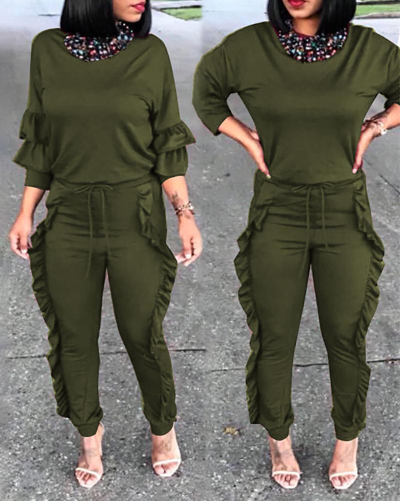 

Layered Ruffles Sleeve Top & Drawstring Frill Hem Pants Set, Green