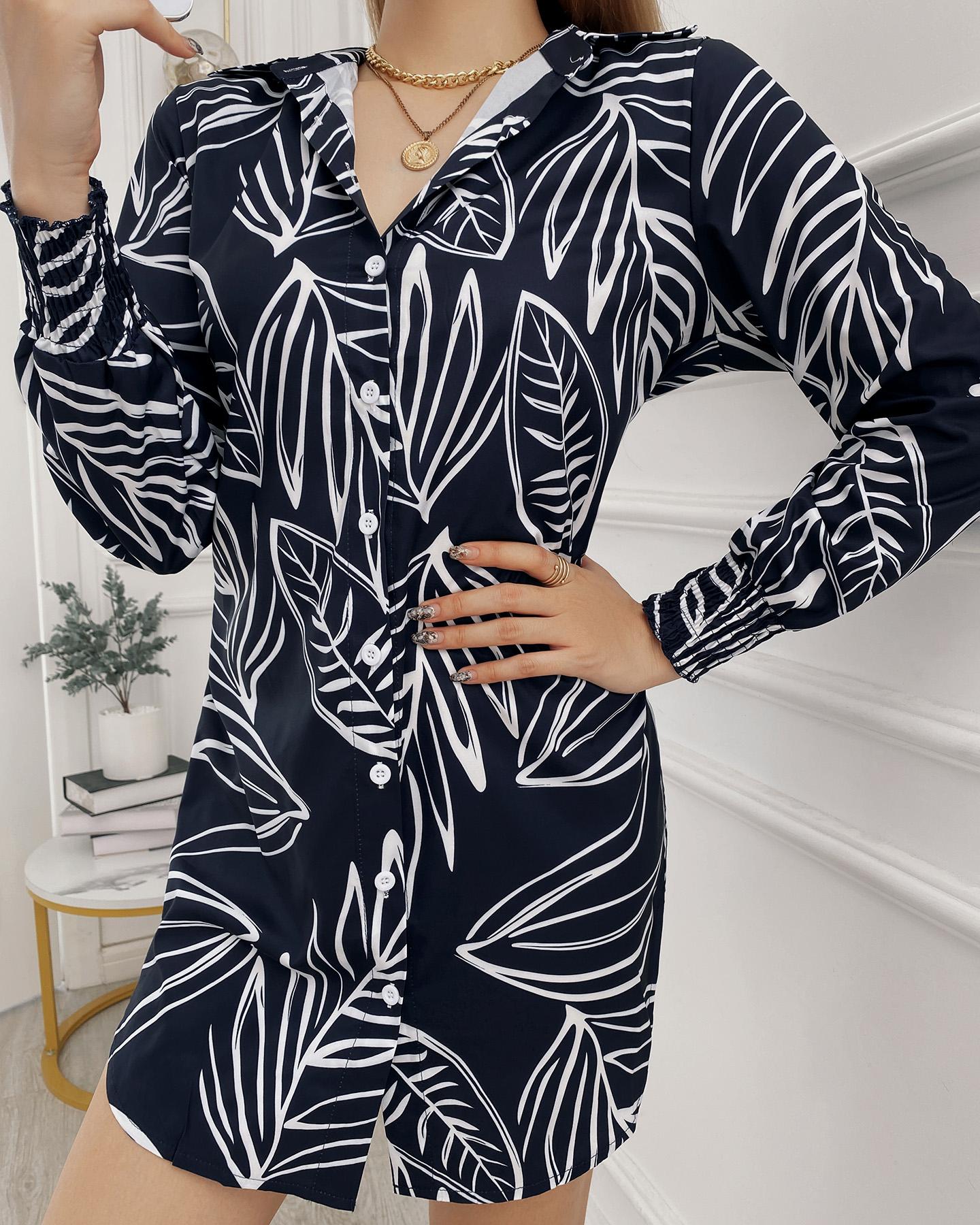 

Allover Leaf Print Button Front Shirt Dress, Black