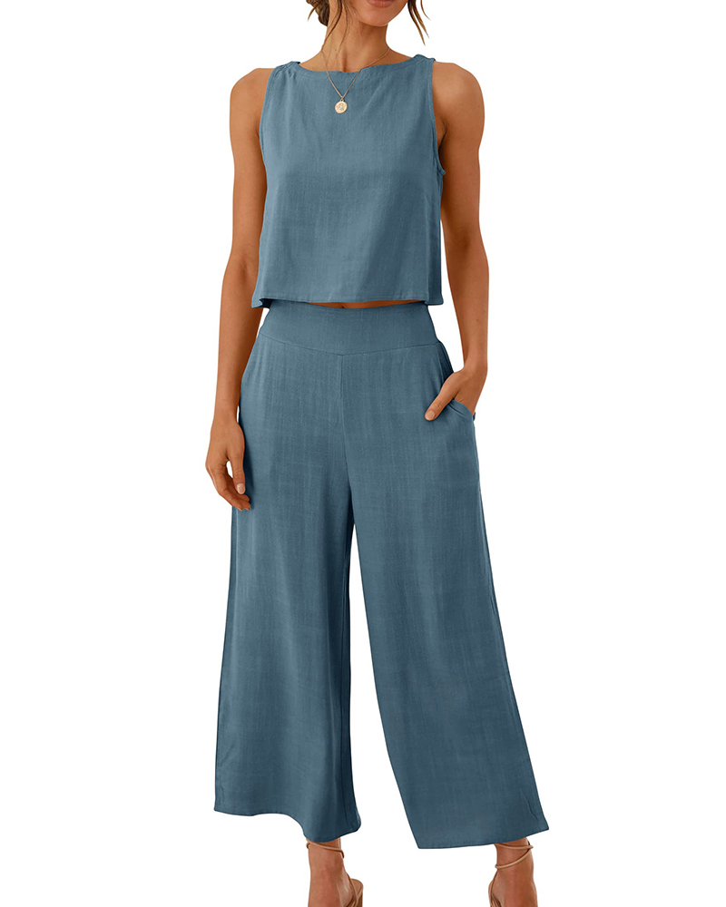 

Round Neck Top & Pocket Design Wide Leg Pants Set, Blue