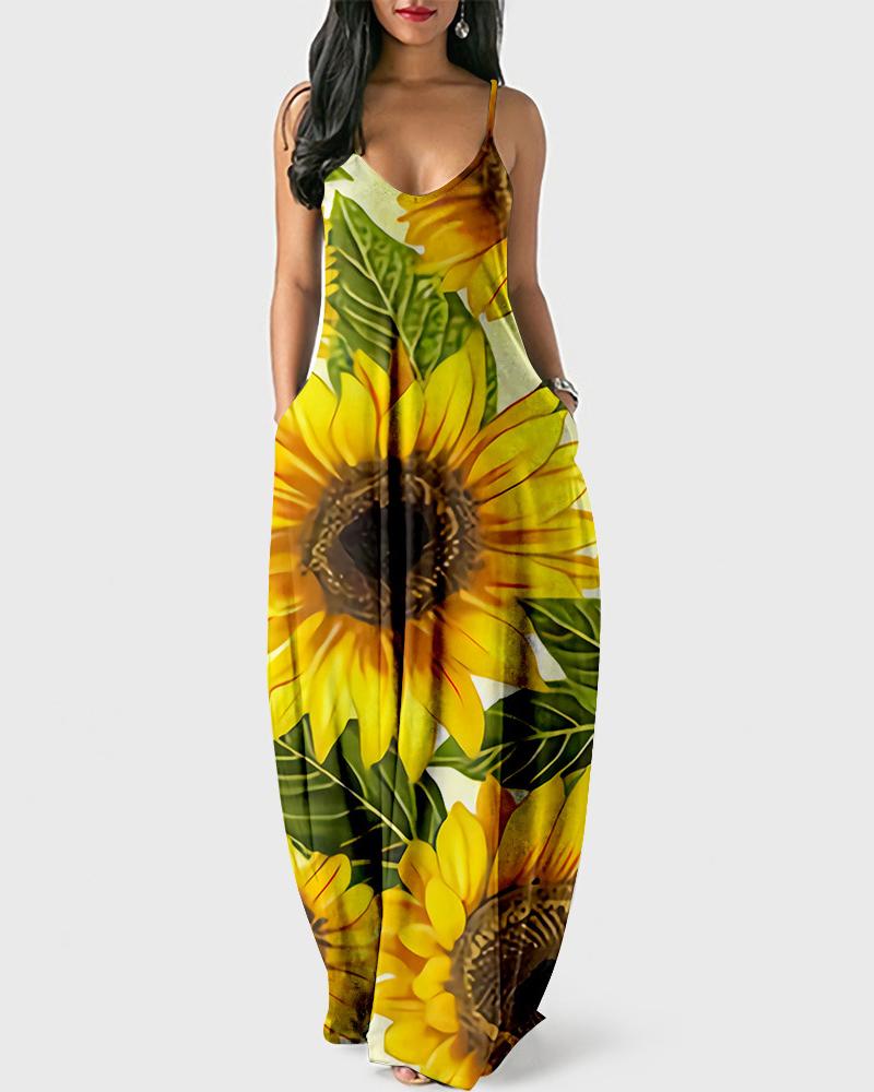 

Plus Size Sunflower Print Spaghetti Strap Maxi Dress, Yellow