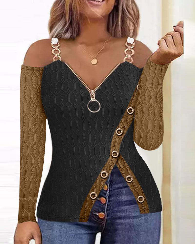

Colorblock Chain Decor Eyelet Cable Textured Top, Khaki