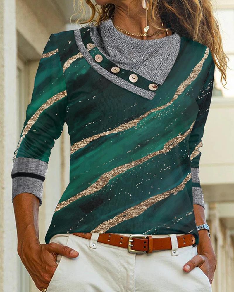 

Marble Print Button Decor Long Sleeve Top, Green