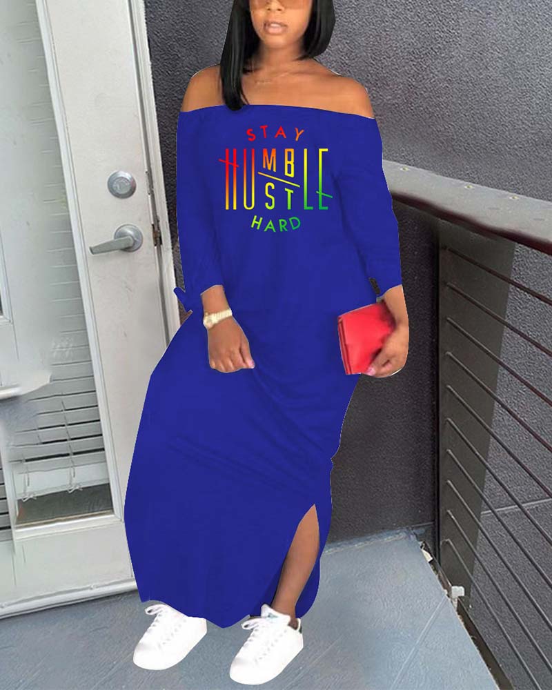 

Ombre Letter Print Off Shoulder Split Hem Maxi Dress, Blue