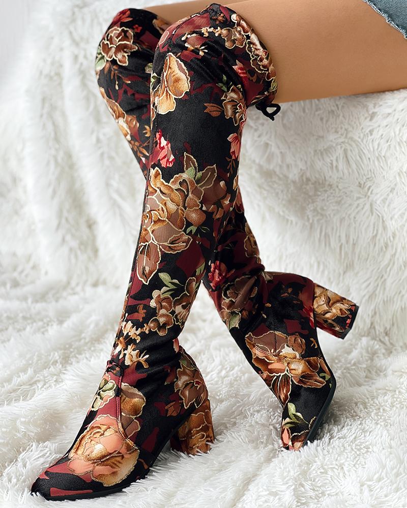 

Floral Print Non Slip Chunky Heel Boots, Coffee