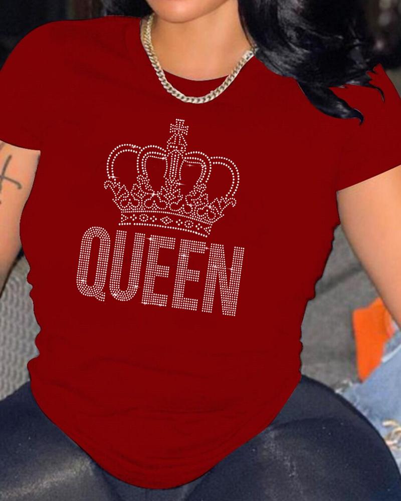 

Rhinestone Letter Crown Pattern Casual T-shirt, Wine red