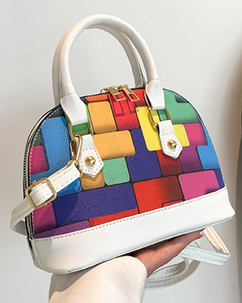 

Geometric Print Colorblock Top Handle Satchel Bag, White