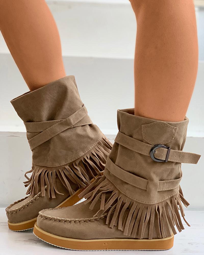 

Tassel Design Buckle Boots, Khaki