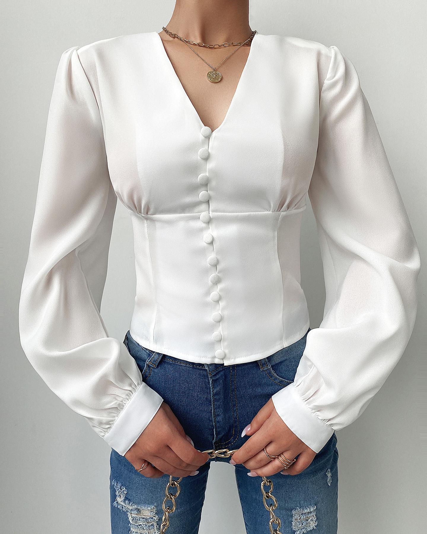 

V-Neck Button Decor Long Sleeve Top, White
