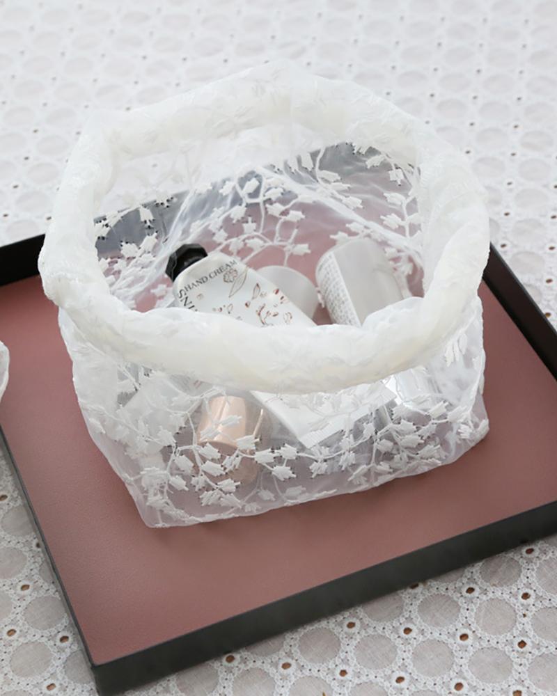 

Lace Embroidery Sheer Mesh Drawstring Organza Bag, White