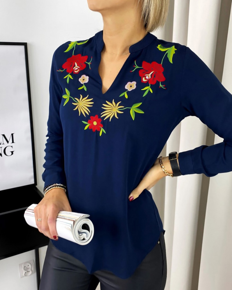 

Floral Print Long Sleeve Casual Shirt, Purplish blue