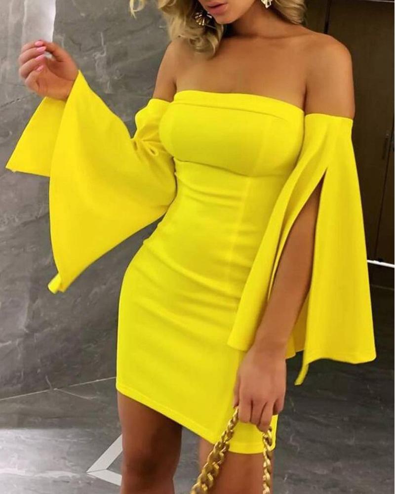 

Off Shoulder Slit Bell Sleeve Bodycon Dress, Yellow
