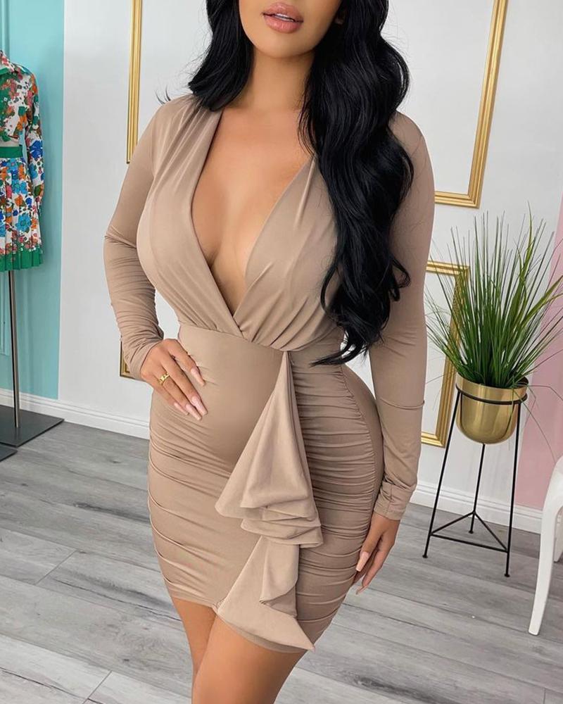 

Long Sleeve Ruched Ruffles Bodycon Dress, Apricot
