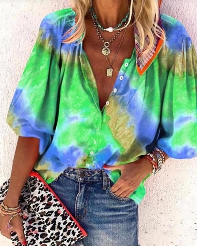 

Colorblock Lantern Sleeve Button Design Shirt, Green