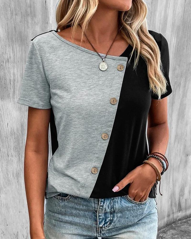

Colorblock Button Decor Casual T-shirt, Gray