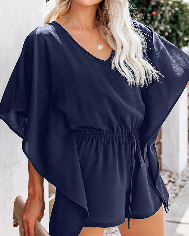 

Ruffles Hem Drawstring Casual Romper, Dark blue