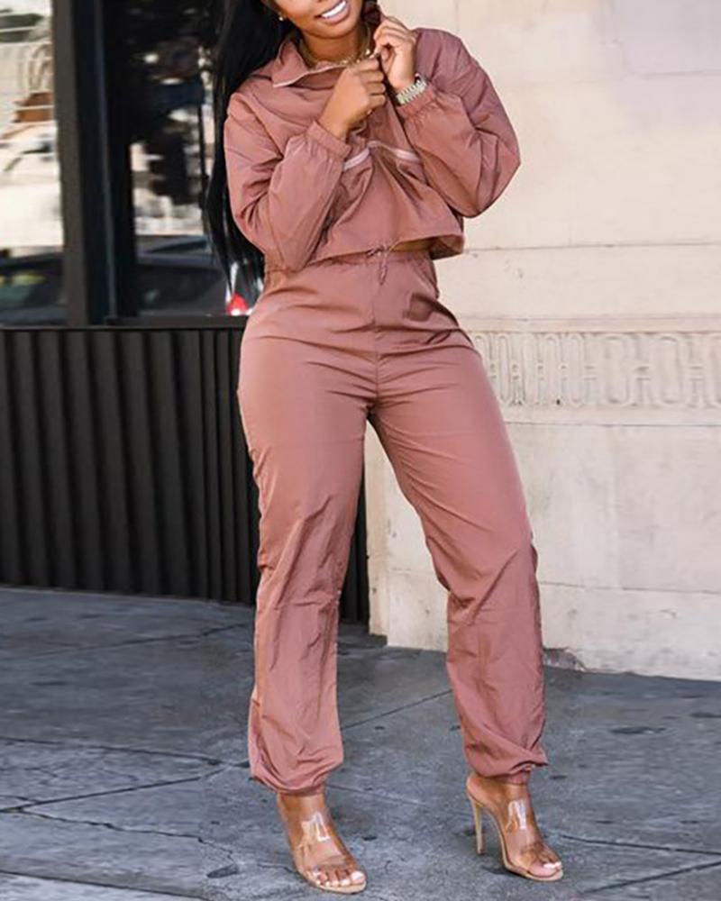 

Solid Turn-down Collar Zipper Top & Drawstring Pants Sets, Pink