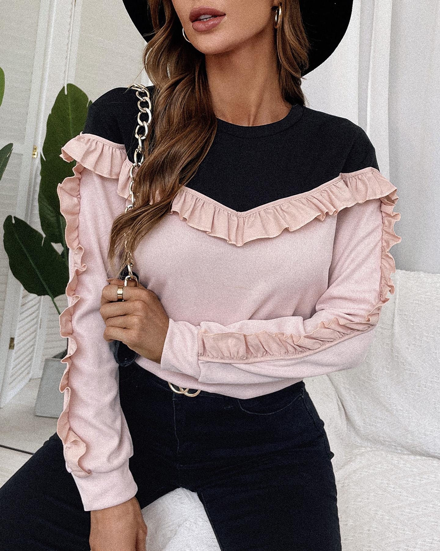 

Colorblock Frill Hem Casual Sweater, Pink