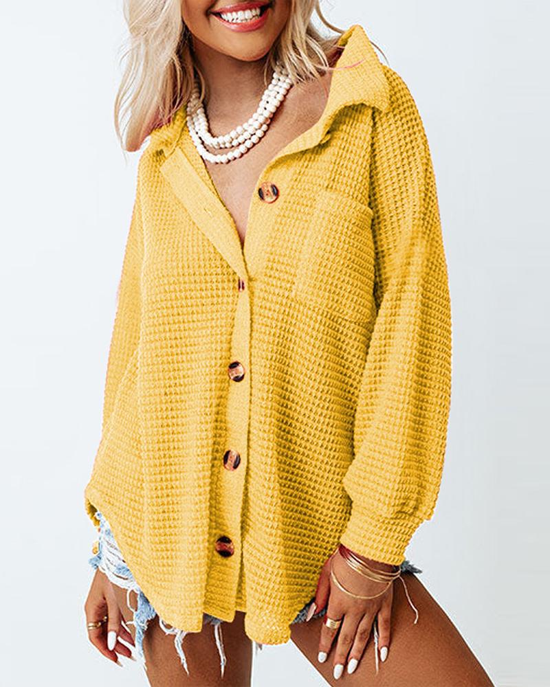 

Long Sleeve Button Down Waffle Knit Shacket, Yellow