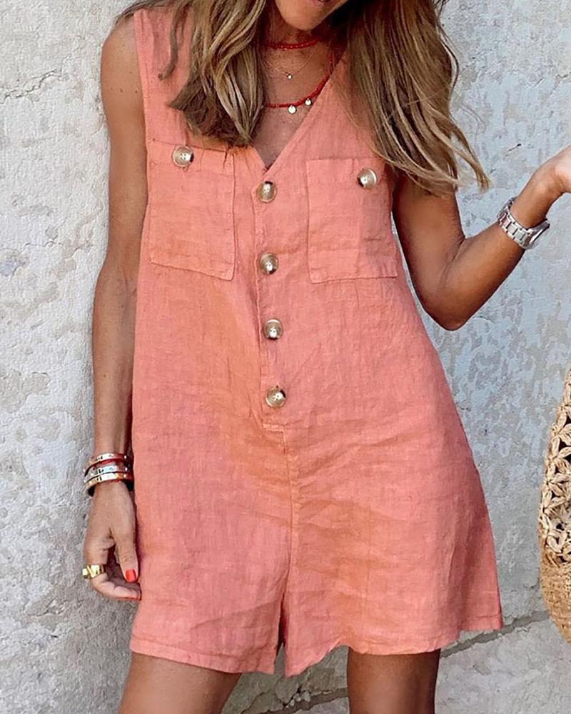 

Button Pocket Design Sleeveless Casual Romper, Pink