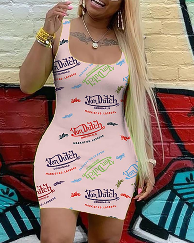 

Letter Print Tank Bodycon Dress, Pink