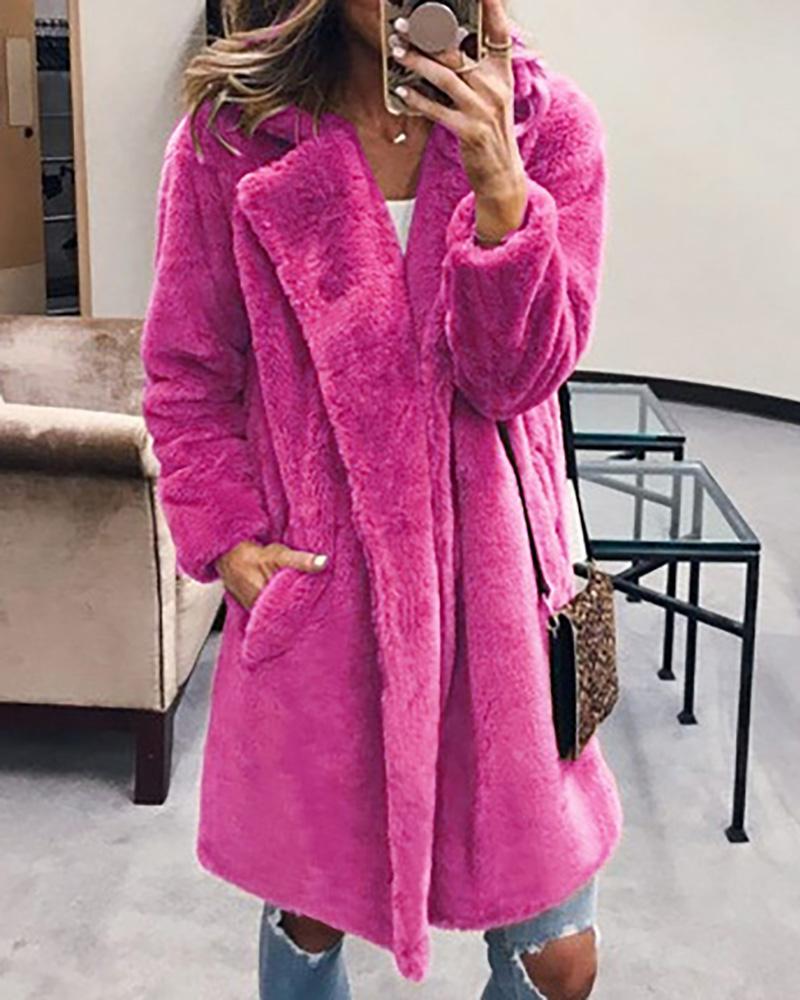 

Pocket Design Long Sleeve Faux Fur Coat, Hot pink