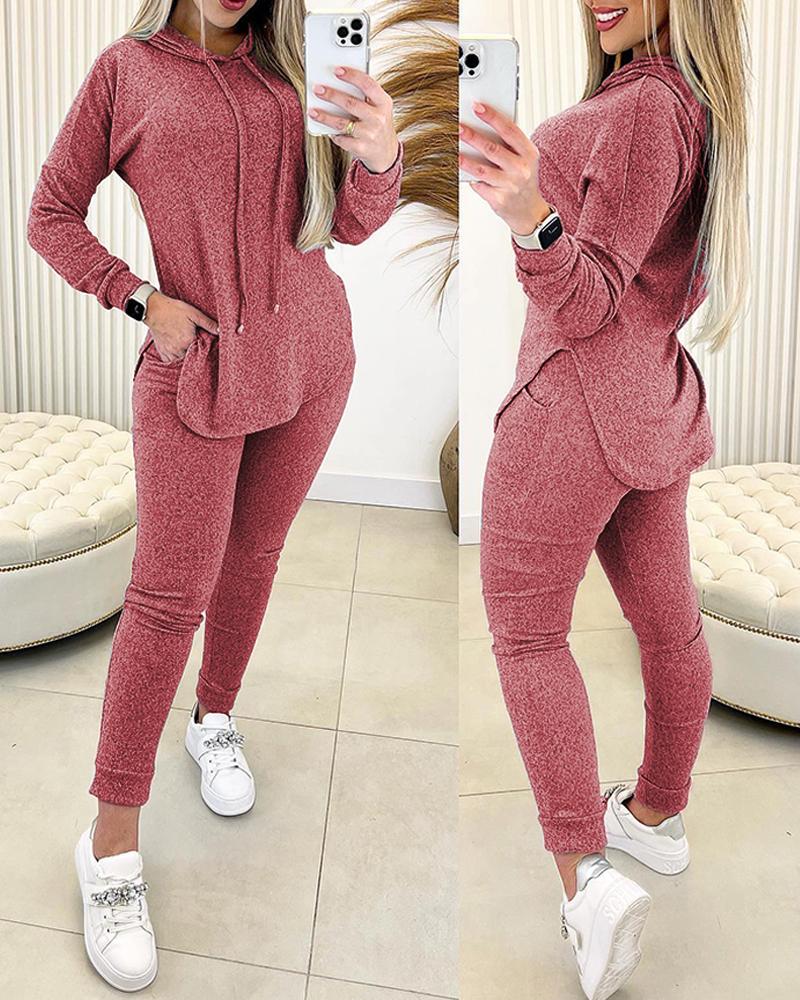 

Hooded Sweatshirt & Pocket Design Pants Set, Red