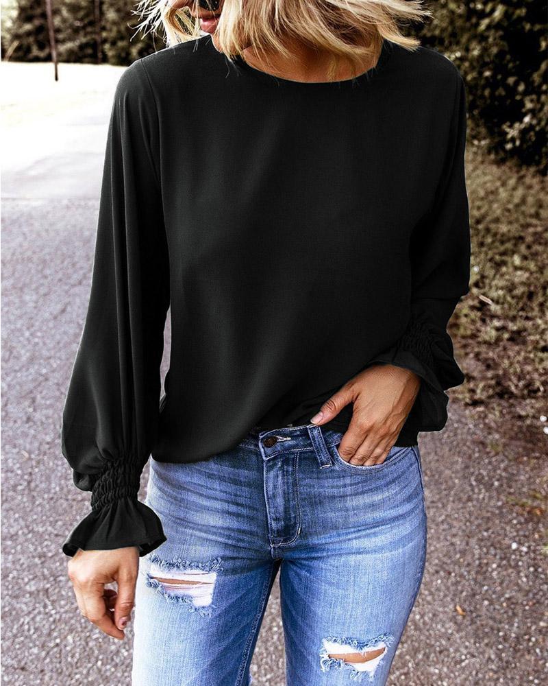 

Plain Flounce Sleeve Casual Top, Black