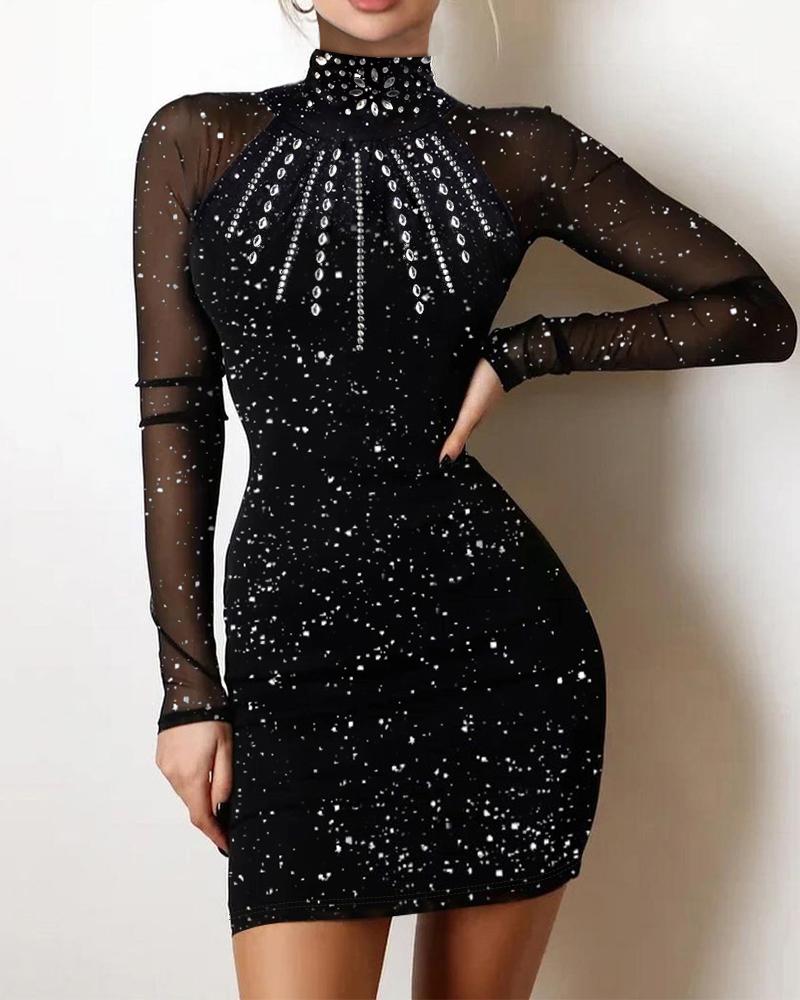 

Glitter Rhinestone Sheer Mesh Patch Bodycon Dress, Black