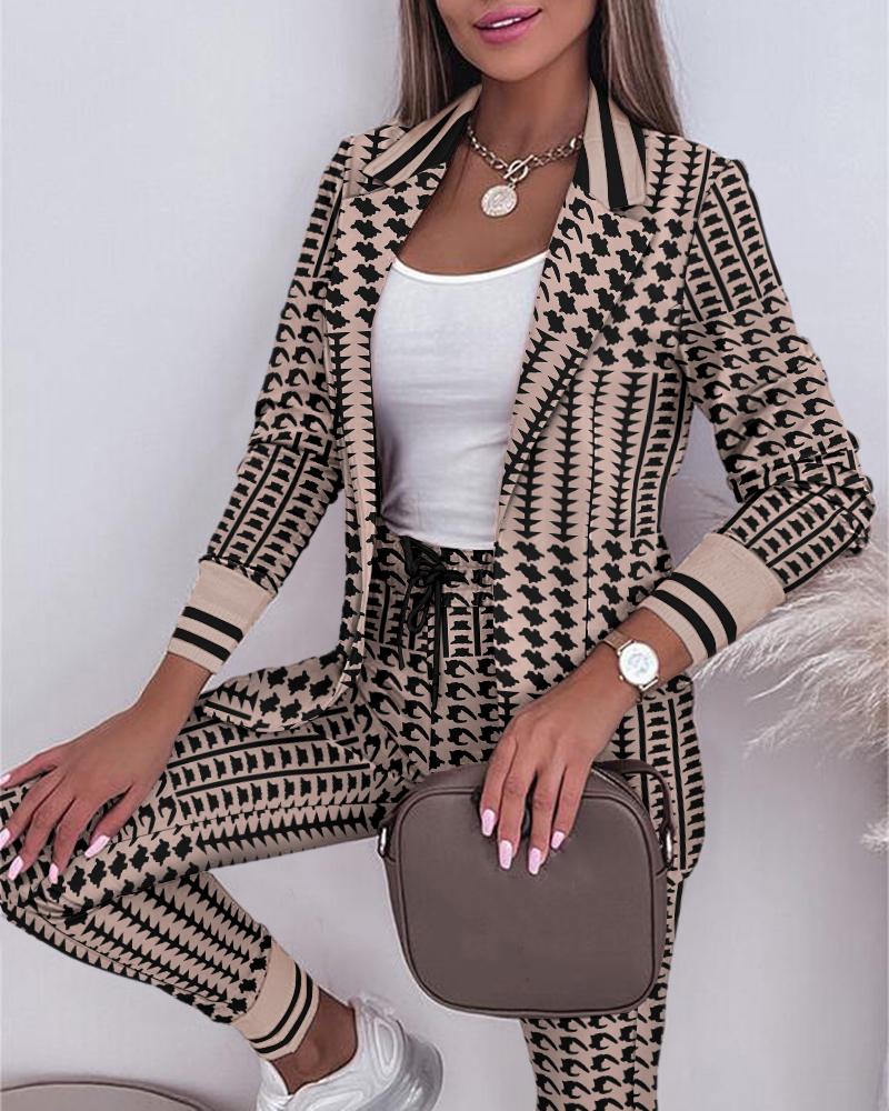 

Striped Houndstooth Geometric Print Blazer Coat & Drawstring Pants Set, Khaki