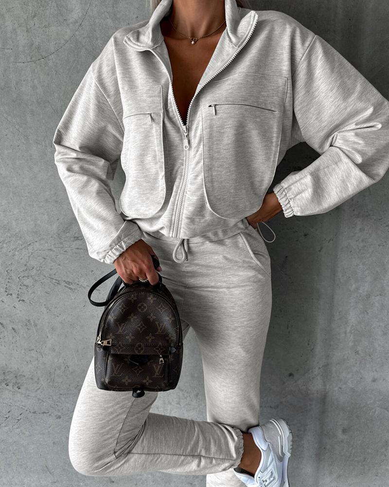 

Zipper Pocket Design Top & Drawstring Pants Set, Light gray