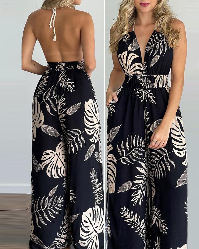 

Tropical Print Halter V Neck Jumpsuit, Black