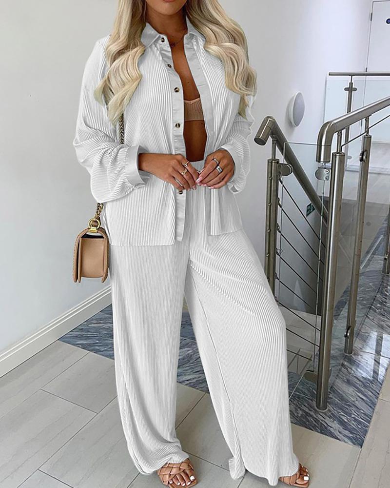 

Buttoned Shirt & Wide Leg Pants Set, White