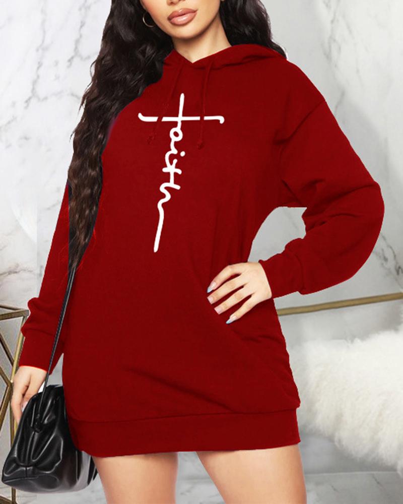 

Letter Print Long Sleeve Hooded Dress, Wine red