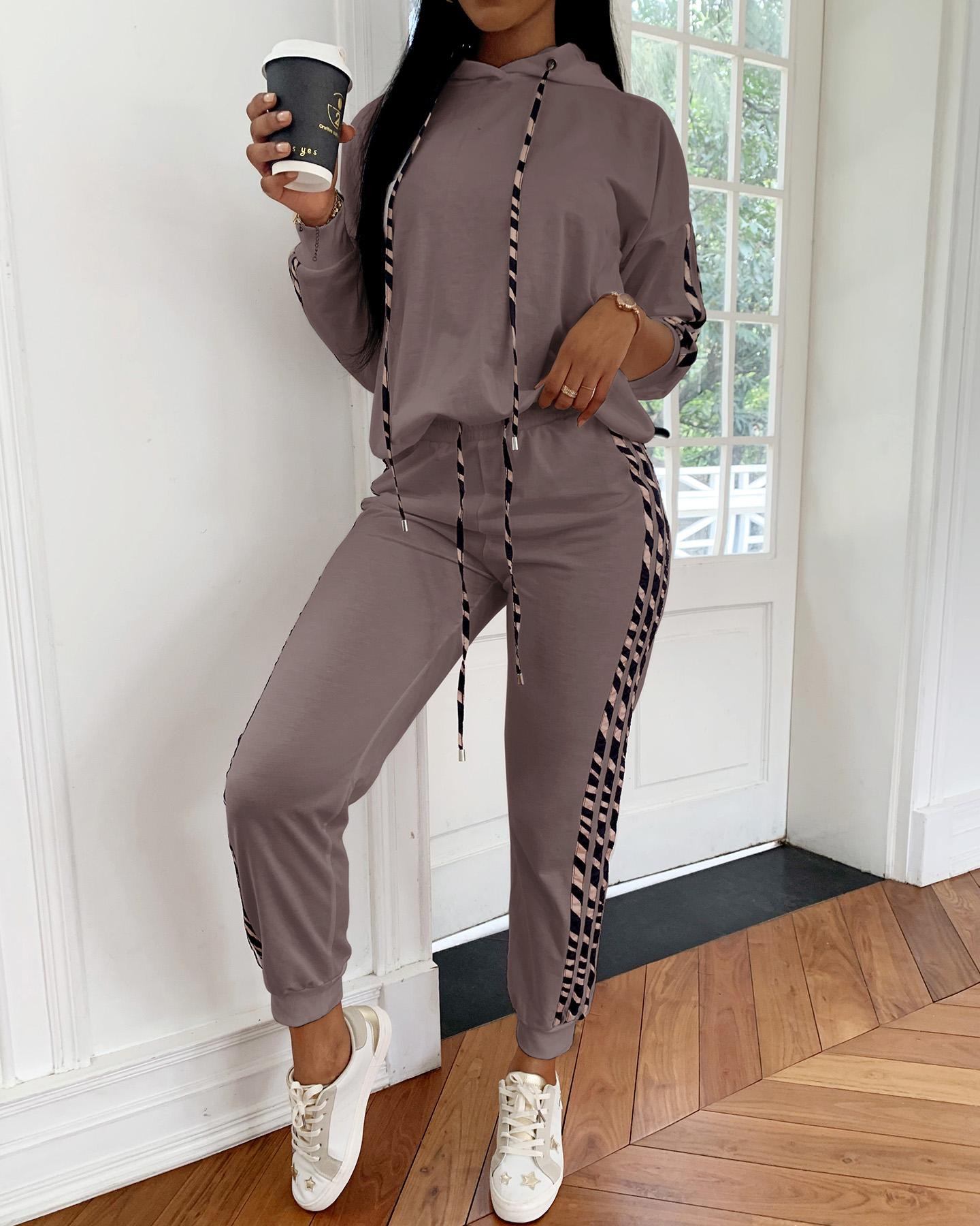 

Striped Drawstring Design Hooded Top & Casual Pant Sets, Coffee