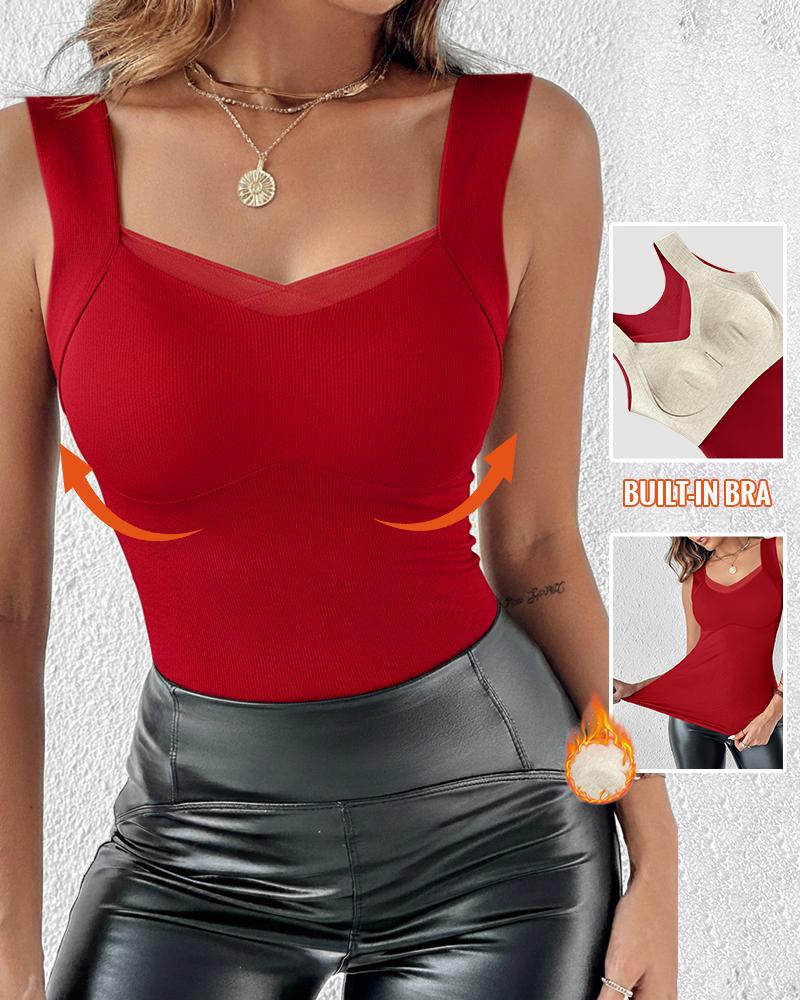 

Blusa regata sem mangas com decote em V e detalhes em tule transparente, com sutiã embutido, modelagem justa e forro de lã macia. Ideal para ocasiões casuais e quentes., Red