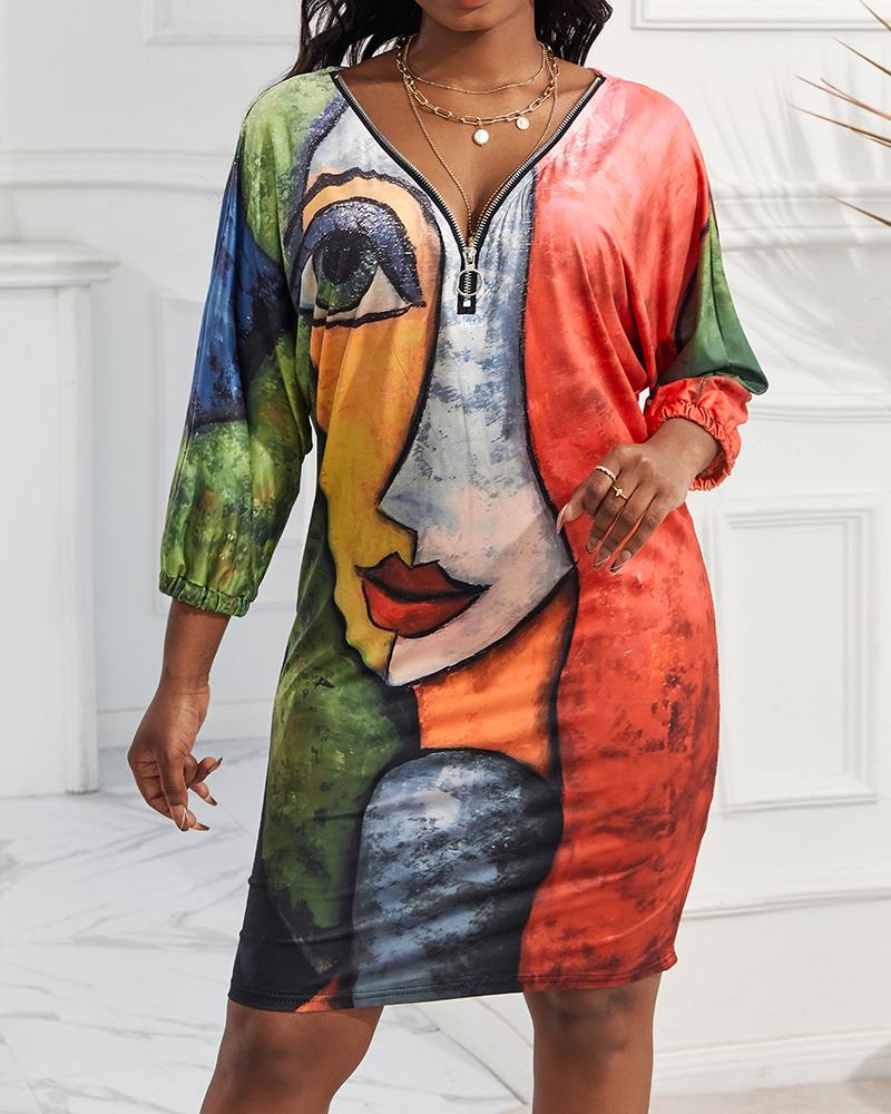 

Figure Print Zipper Detail Casual Dress, Multicolor