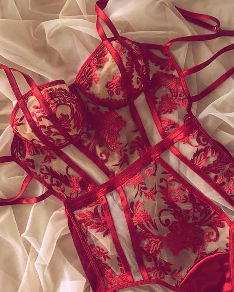 

Cutout Floral Lace Sexy Teddy, Red